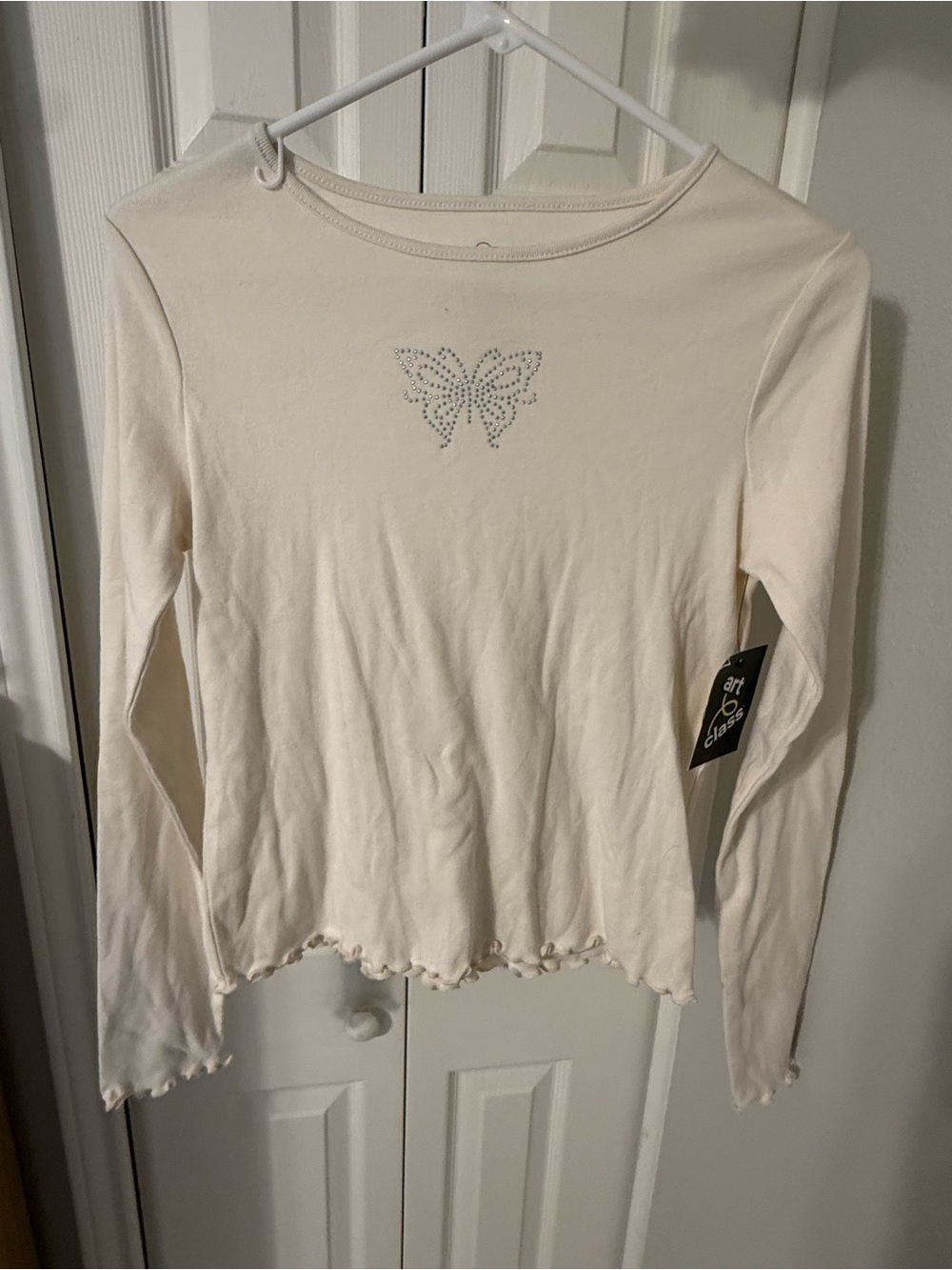 art class Cream Long-Sleeve Top with Rhinestone Butterfly